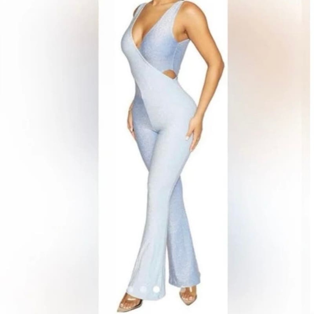 NWT Naked Wardrobe Baby Blue Glitter Cross Front Sleeveless Flare Leg Jumpsuit